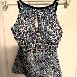 Size 6 Ellen Tracy Tankini Swim Top Keyhole High Neck Paisley Print Blue Black
